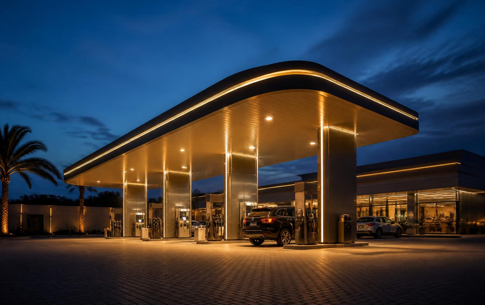 Modern BIFTU Petroleum fuel station illuminated at blue hour