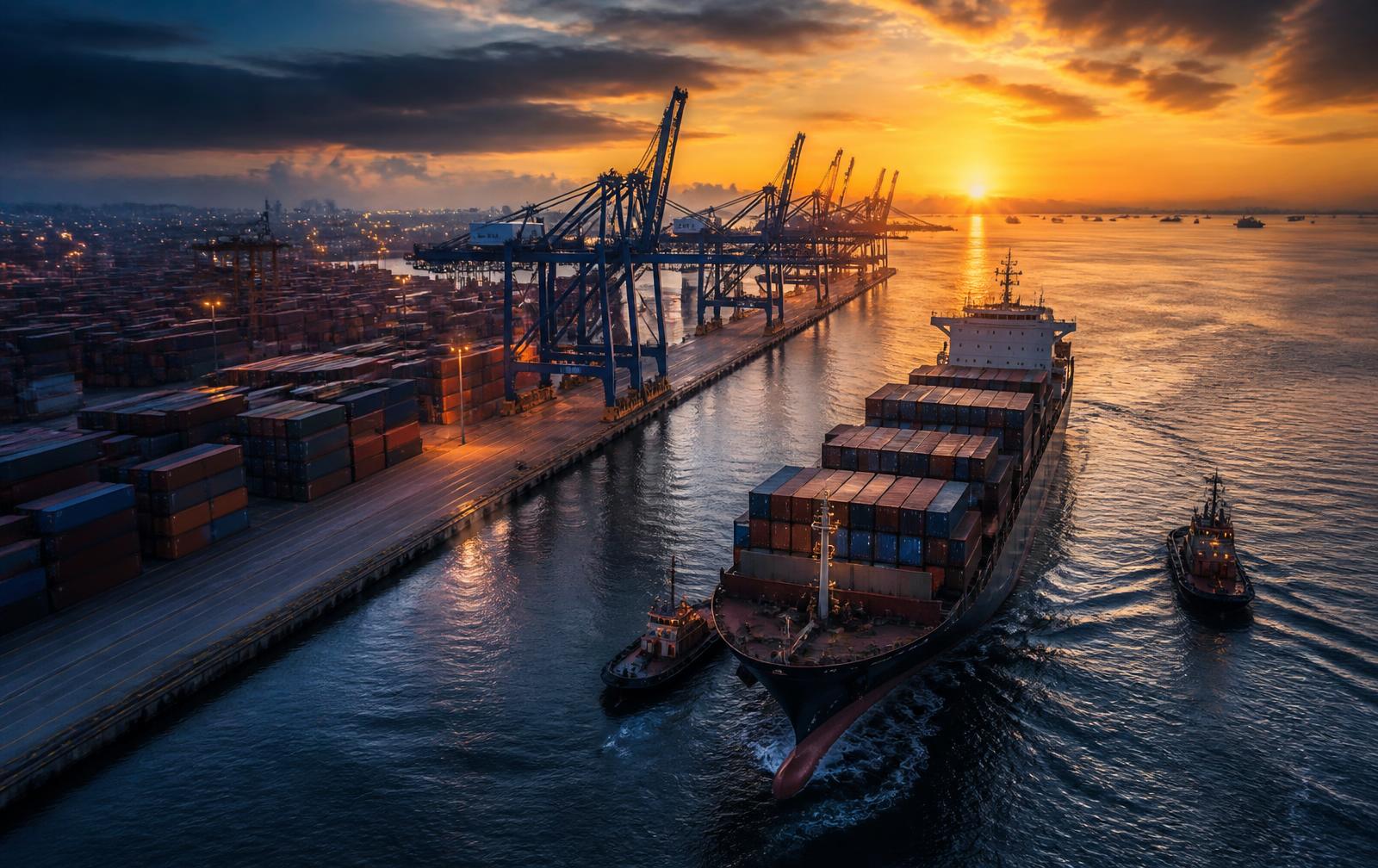 Container ship and port terminal at sunrise representing international trade